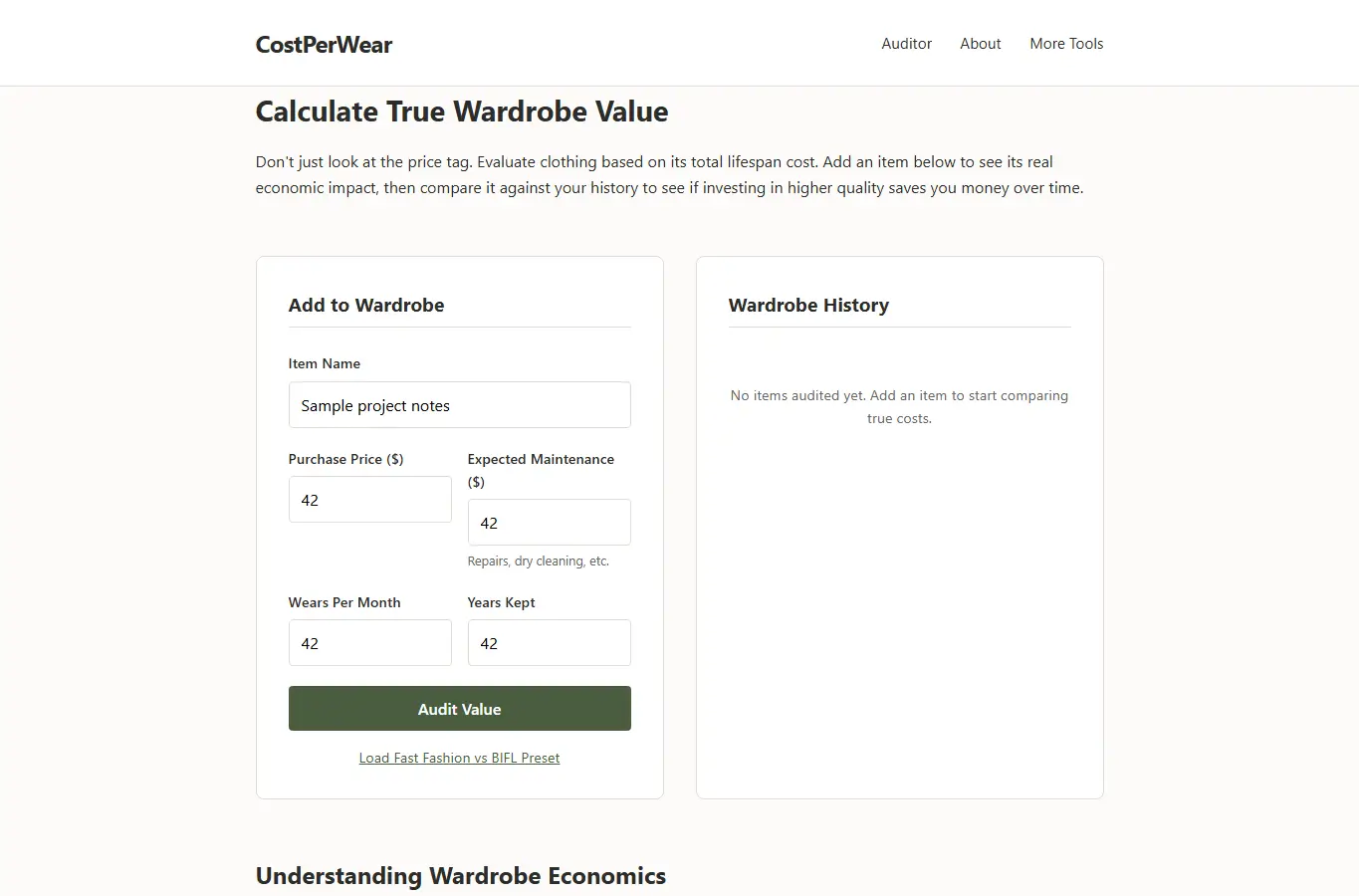 Screenshot of CostPerWear: Wardrobe Value Auditor interface showing the project page in use